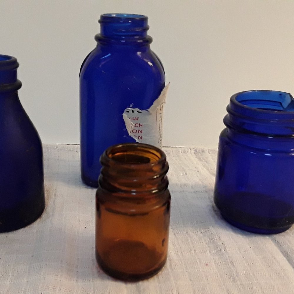 4 Cobalt Blue /Amber Vintage Medicine Glass Advert